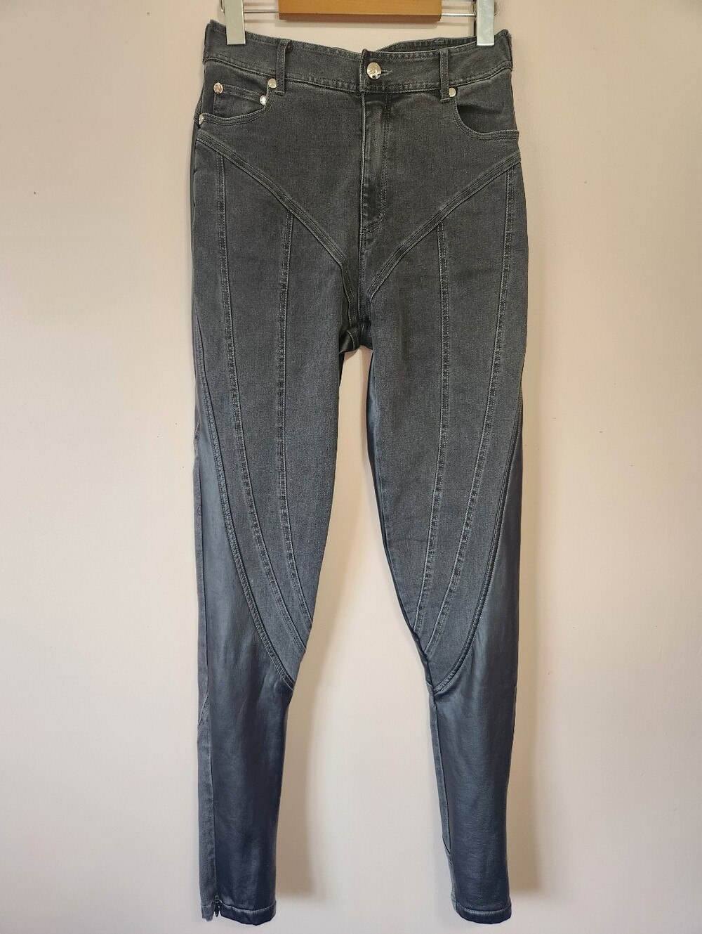 Maniere De Voir Black Faux Leather Denim Hybrid Moto Pants Edgy Streetwear US 8